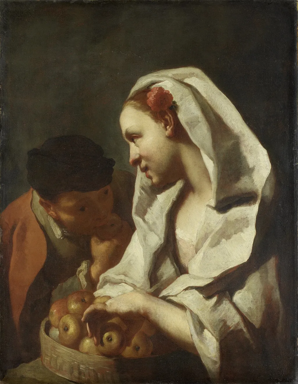 Girl Selling Fruit, by Domenico Maggiotto, oil, 1750