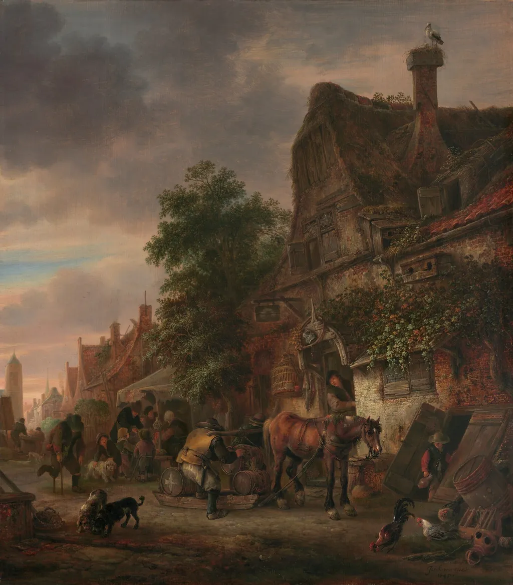 Workmen before an Inn, by Isaac van Ostade, oil, 1645