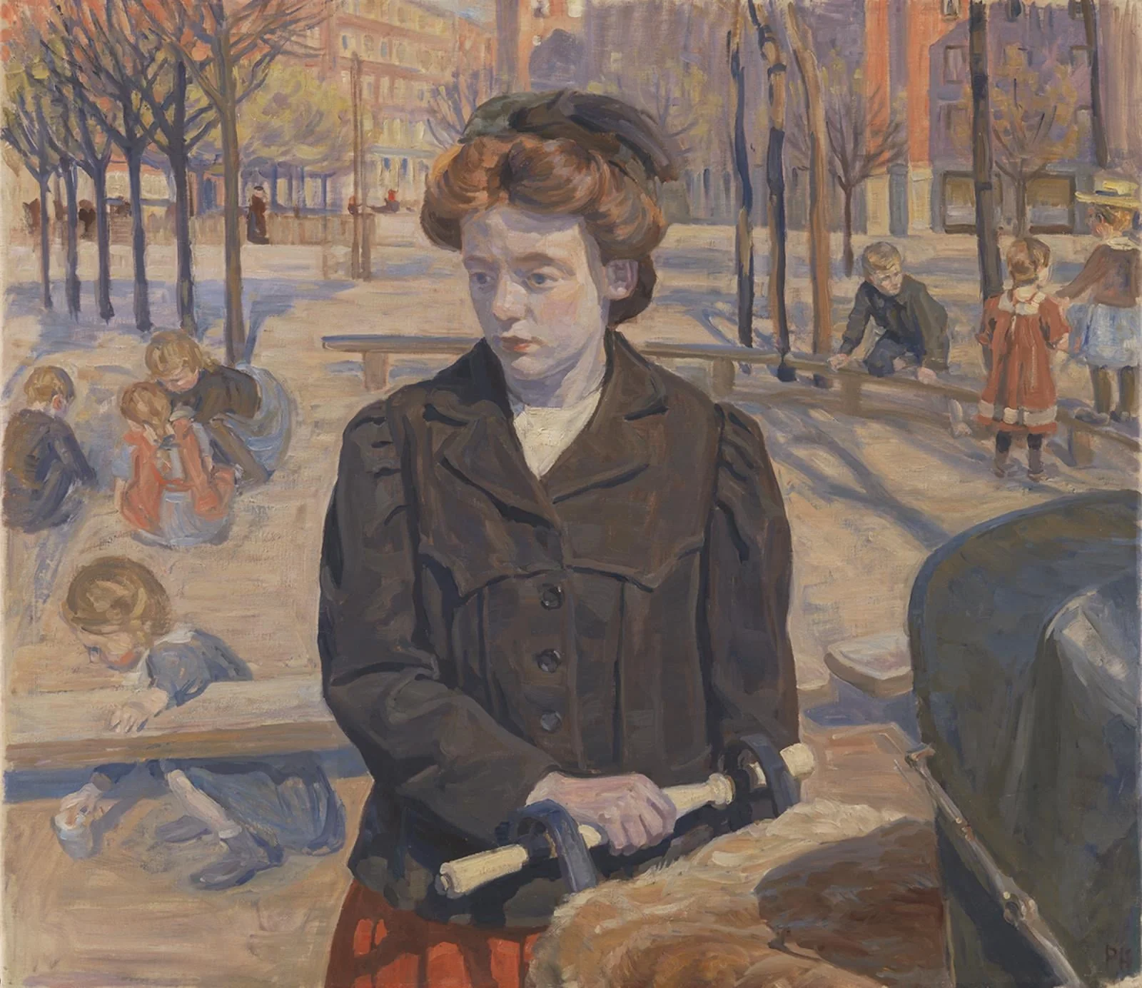 Forår. Ung pige med en barnevogn, detail