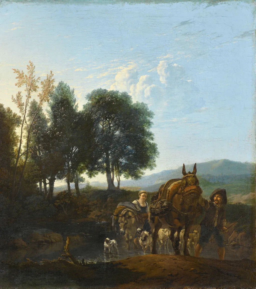 Landscape with mule driver, by Karel Dujardin, oil, 1650