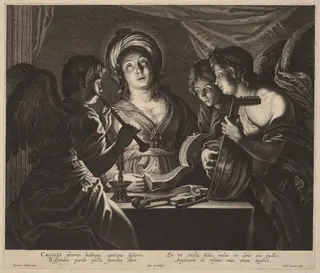 Saint Cecilia Accompanied by Heavenly Musicians, by Nicolaes Lauwers, ink, 1626