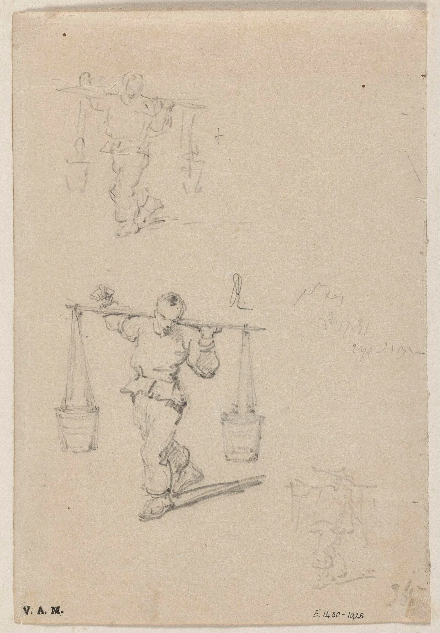 Three drawings of a Chinese porter, detail