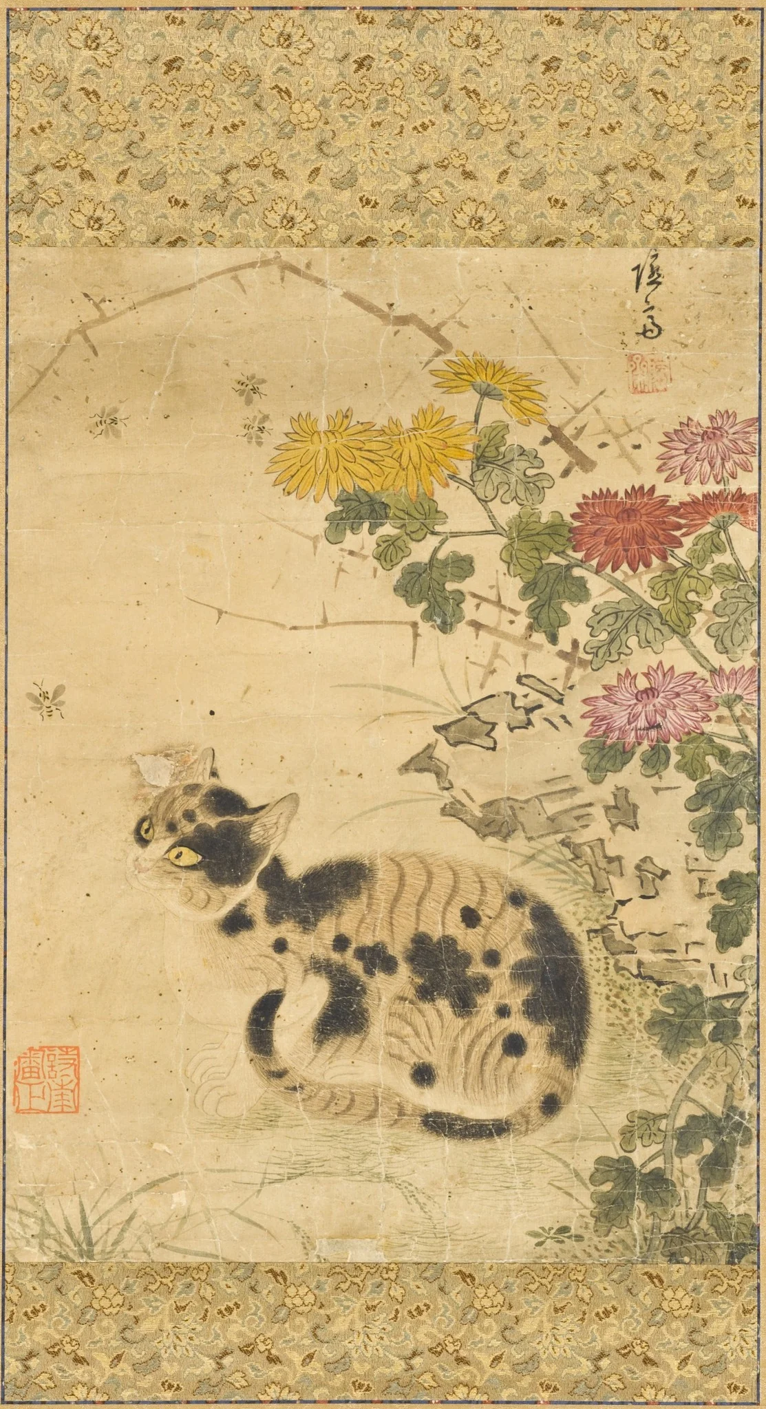 Cat under Chrysanthemums Hen and Chicks under Flower, detail