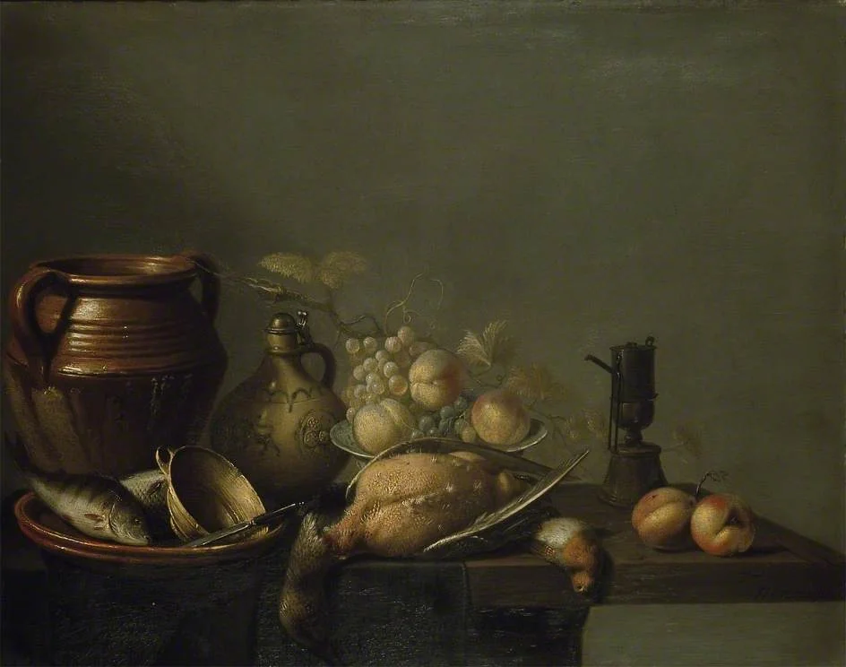 Still Life of Kitchen Utensils with Fruit and Game, detail