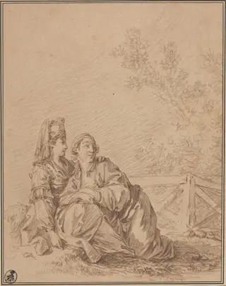 Two Russians Seated in Landscape, by Jean-Baptiste Le Prince, chalk, 1758