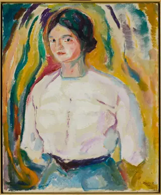 Ingeborg with her Arms behind her Back, by Edvard Munch, oil, 1912