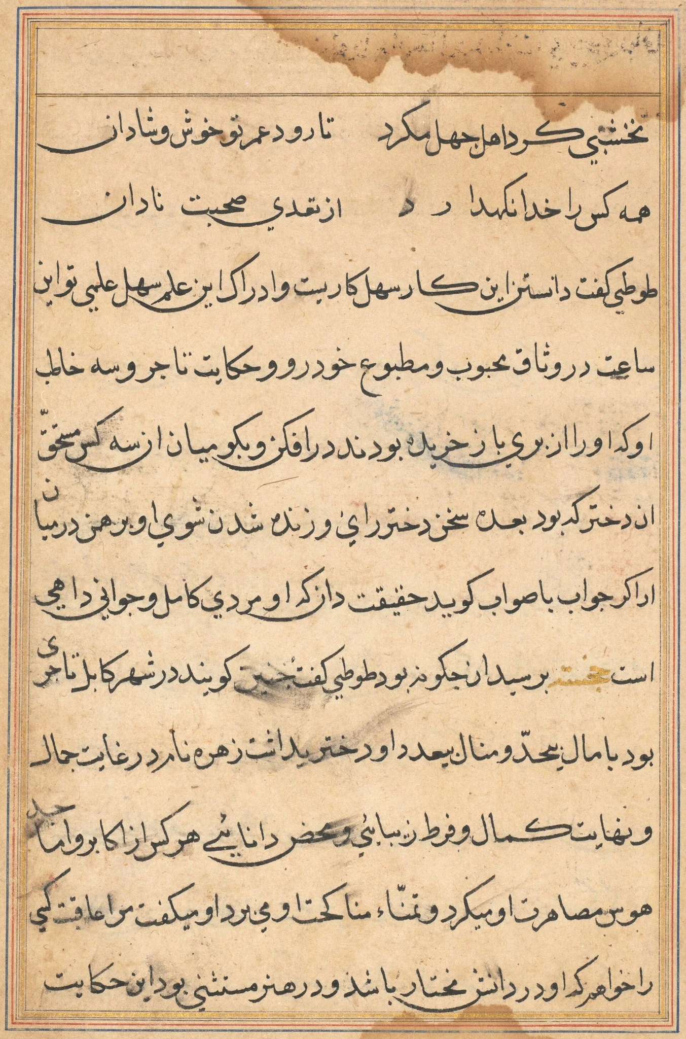 Page from Tales of a Parrot (Tuti-nama): text page, detail
