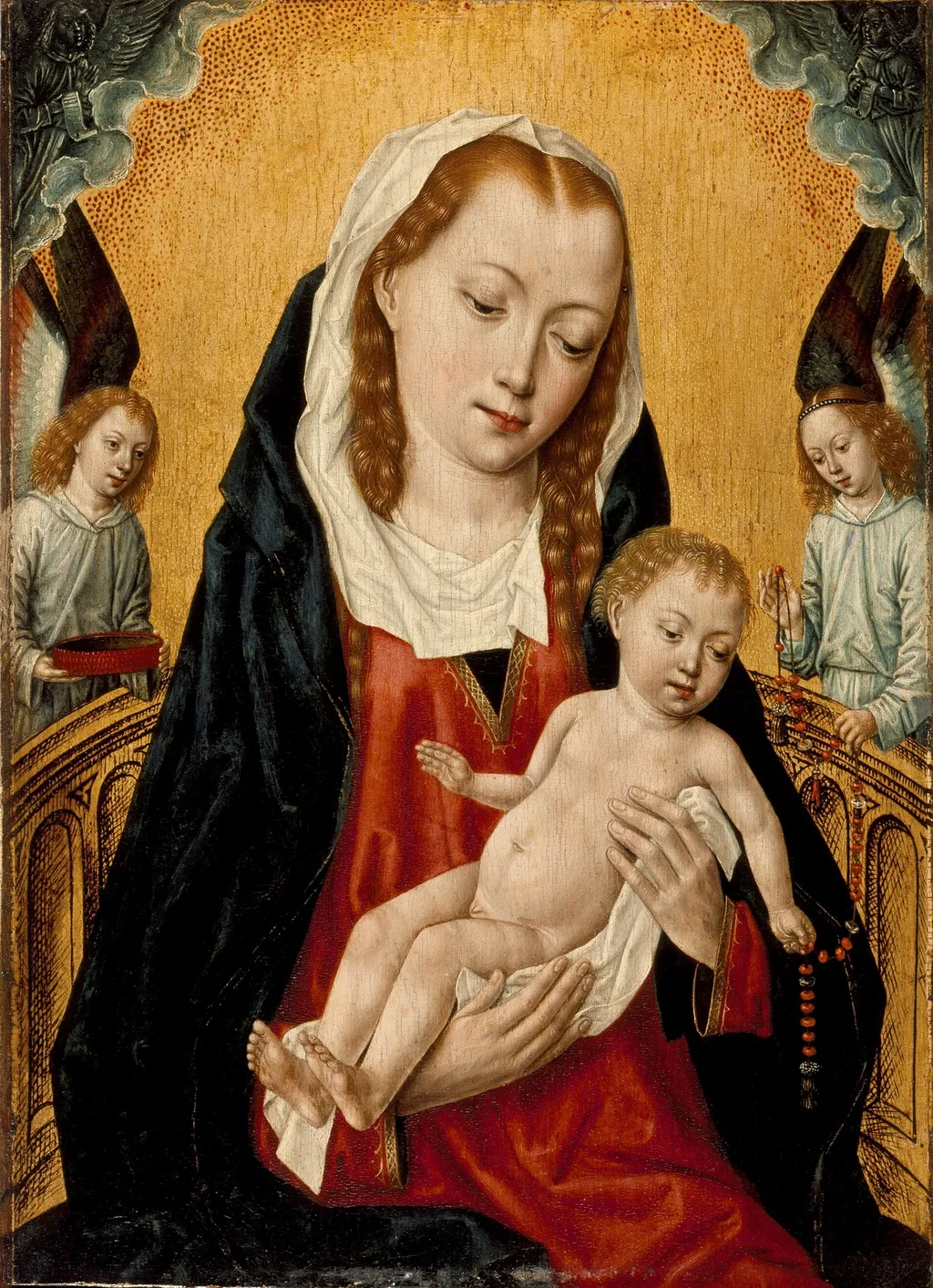Virgin and Child with Two Angels, by Master of the Cologne legend of St. Ursula, oil, 1494