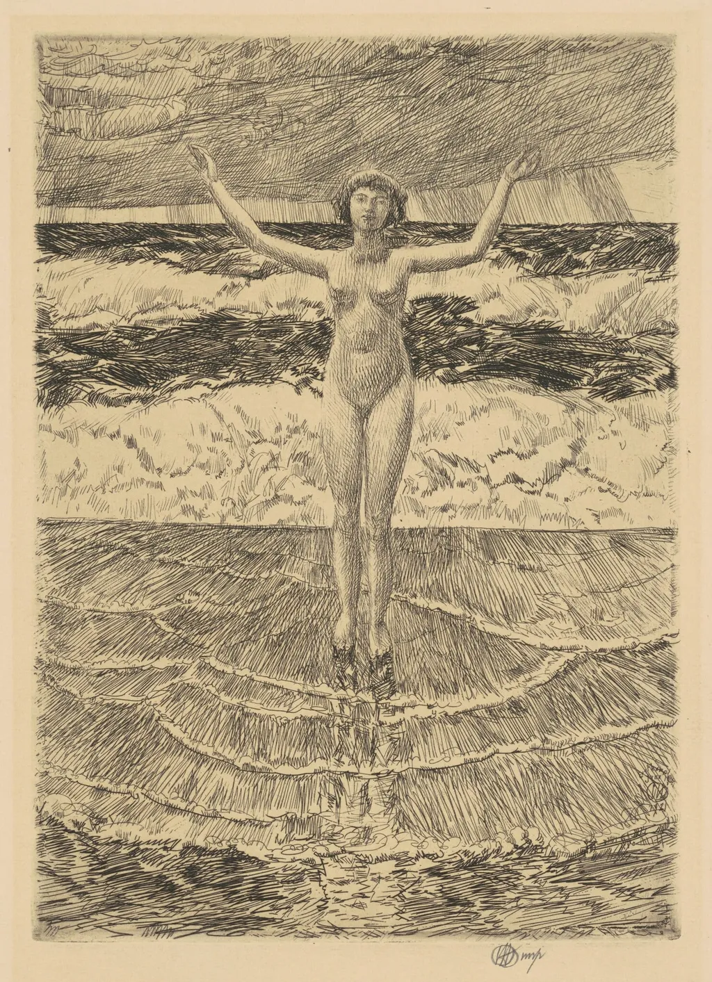 Rain Drops and Surf, by Childe Hassam, ink, 1921