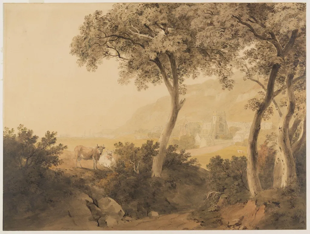 Bangor Cathedral : Penmaenmawr in the distance, by Hugh William Williams, watercolor, 1806