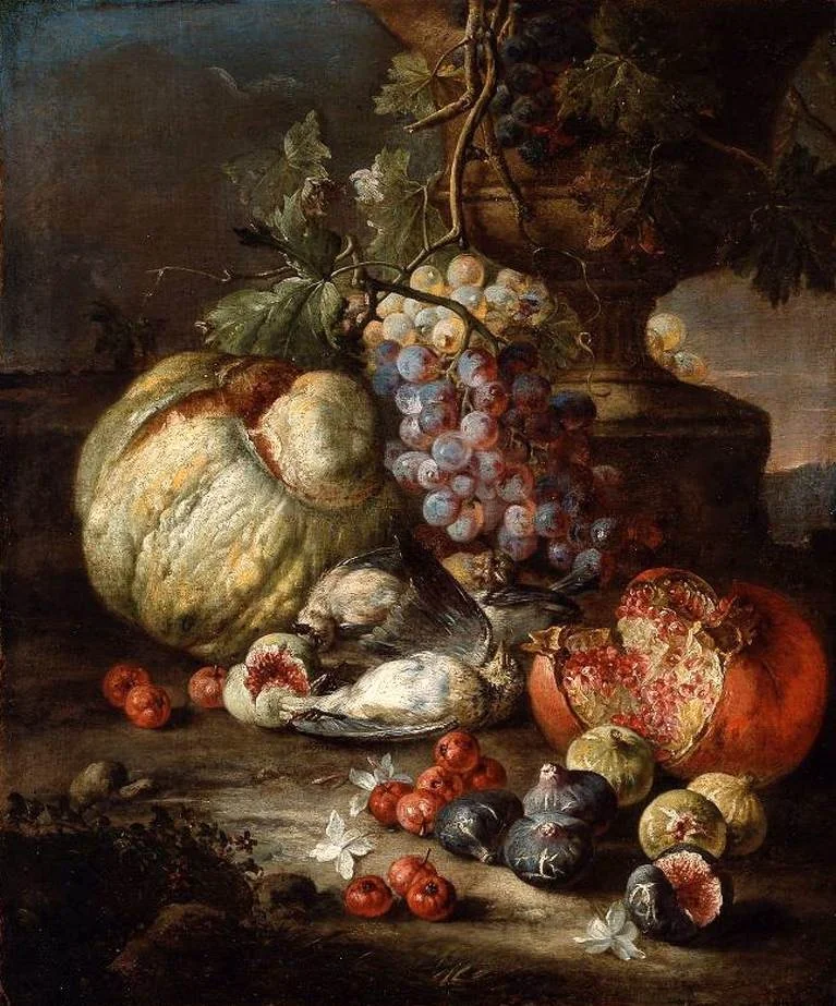 Still Life with Fruit and Dead Birds in a Landscape, detail