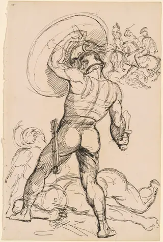An Ancient Roman Warrior in Battle, by Hippolyte Lalaisse, ink, 1830