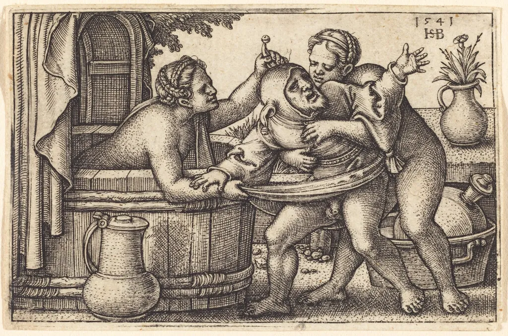 Fool and Two Bathing Women, by Sebald Beham, ink, 1541