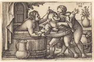 Fool and Two Bathing Women, by Sebald Beham, ink, 1541