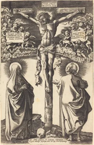 Christ on the Cross with the Virgin and  Saint John, by Hans Brosamer, ink, 1542