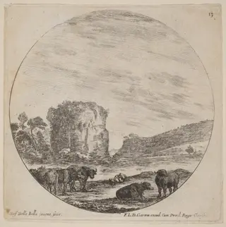 Landscape with Antique Ruins, by Stefano Della Bella, ink, 1646