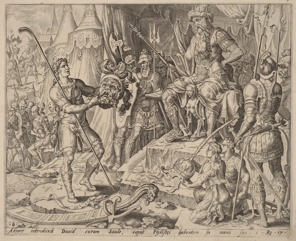 David with Goliath's Head before Saul, by Dutch 16th Century, ink, 1556