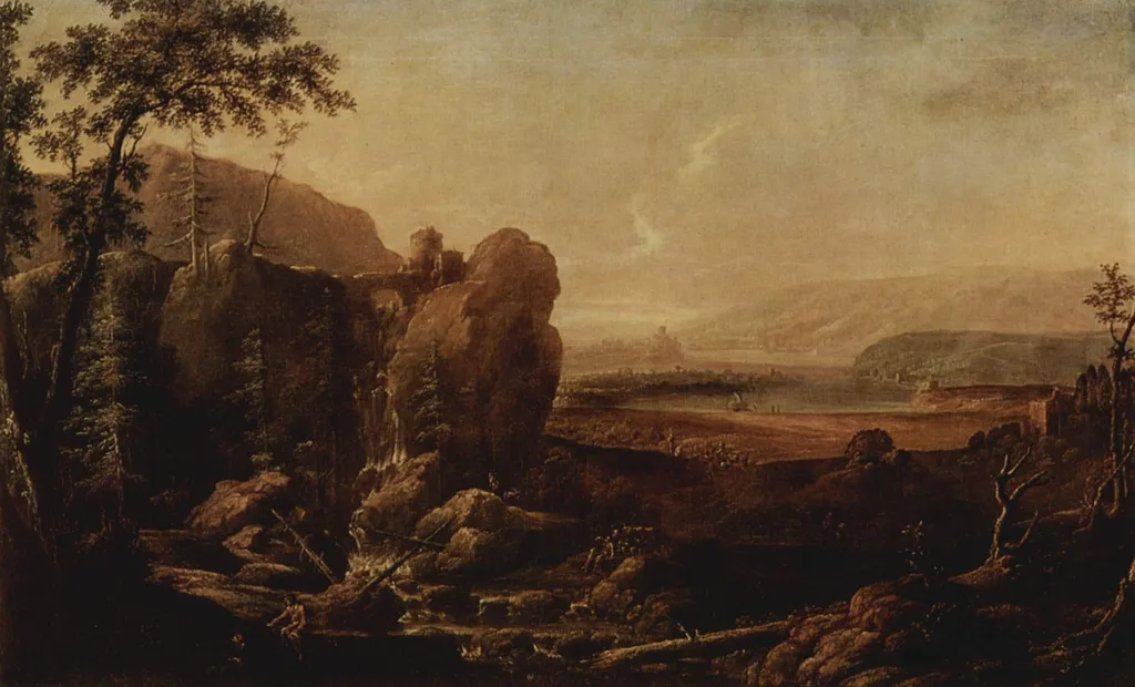 Landscape with a Waterfall, by Johann Friedrich Alexander Thiele, oil, 1725