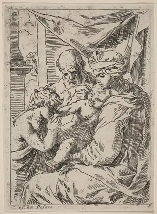 The Virgin and Child with Saint John, by Simone Cantarini, ink, 1630