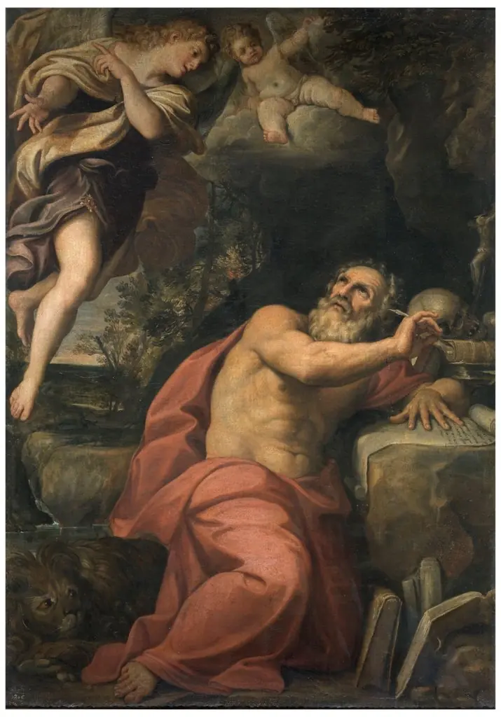 Aparición de los ángeles a San Jerónimo, by Domenichino, oil, 1601