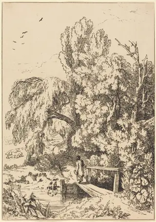 Landscape with Trees, Girl Crossing Footbridge, by William Havell, ink, 1804