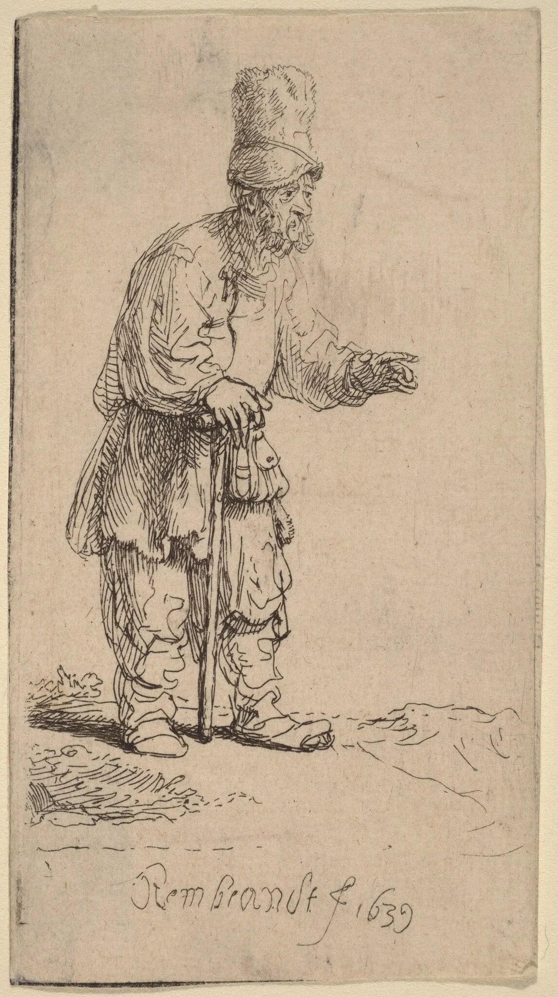A Peasant in a High Cap, Standing Leaning on a Stick, detail
