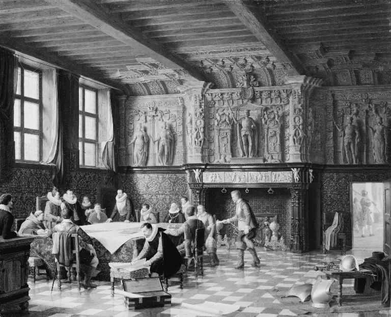 Et krigsråd i Salle des Francs i Brügge omkring år 1600, detail