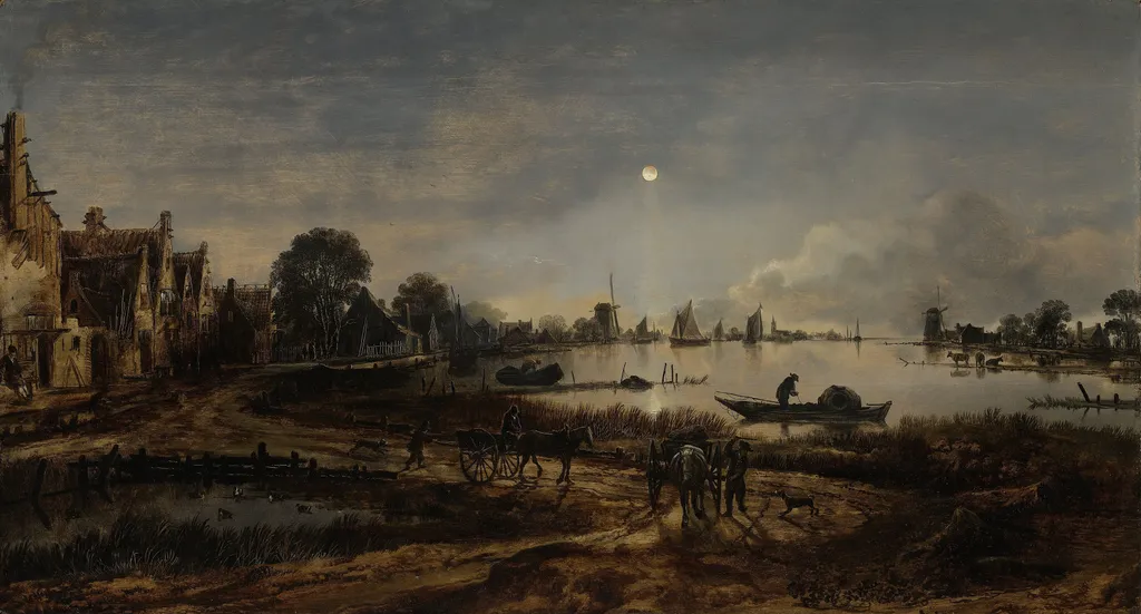 River View by Moonlight, by Aert van der Neer, oil, 1650