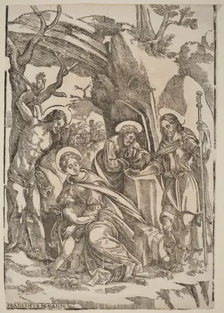 The Holy Family with Saint Sebastian and Saint Roch, by Francesco Denanto, ink, 1522