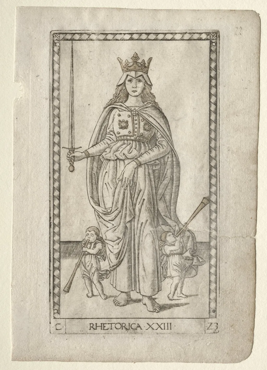 Rhetoric (from the Tarocchi, series C:  Liberal Arts, #23), by Master of the E-Series Tarocchi, 1467