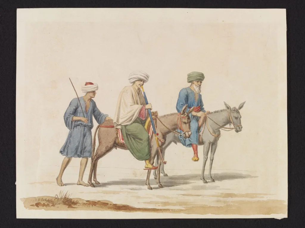 A Shaykh with his Son[?] on Mules, with their Sais [groom], by S. Bossi, watercolor, 1820