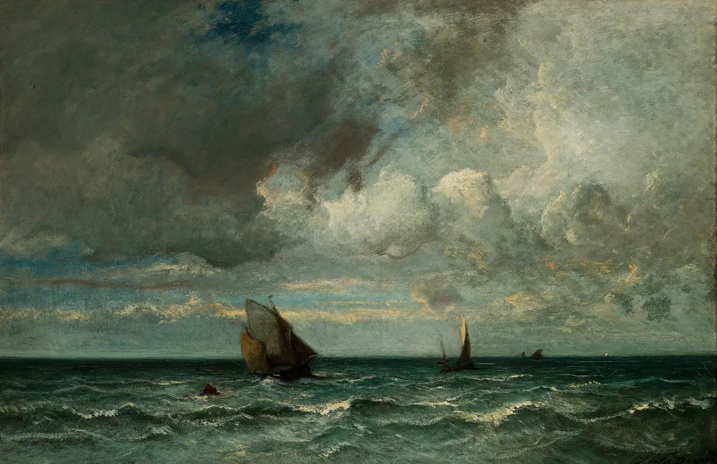Barks Fleeing Before the Storm, by Jules Dupré, oil, 1870