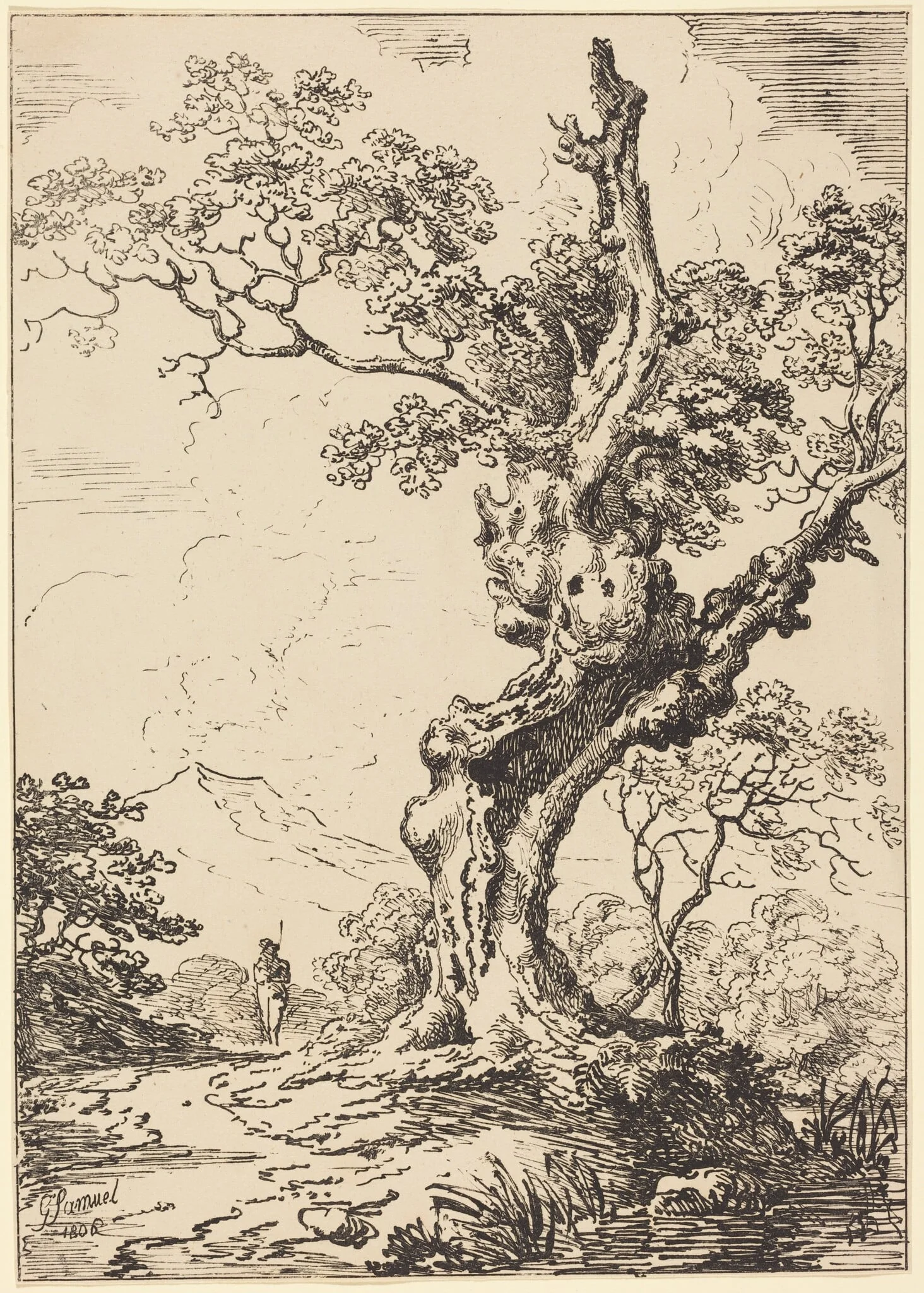 Study of an Old Oak Tree, Water on Right, a Man on Left, detail