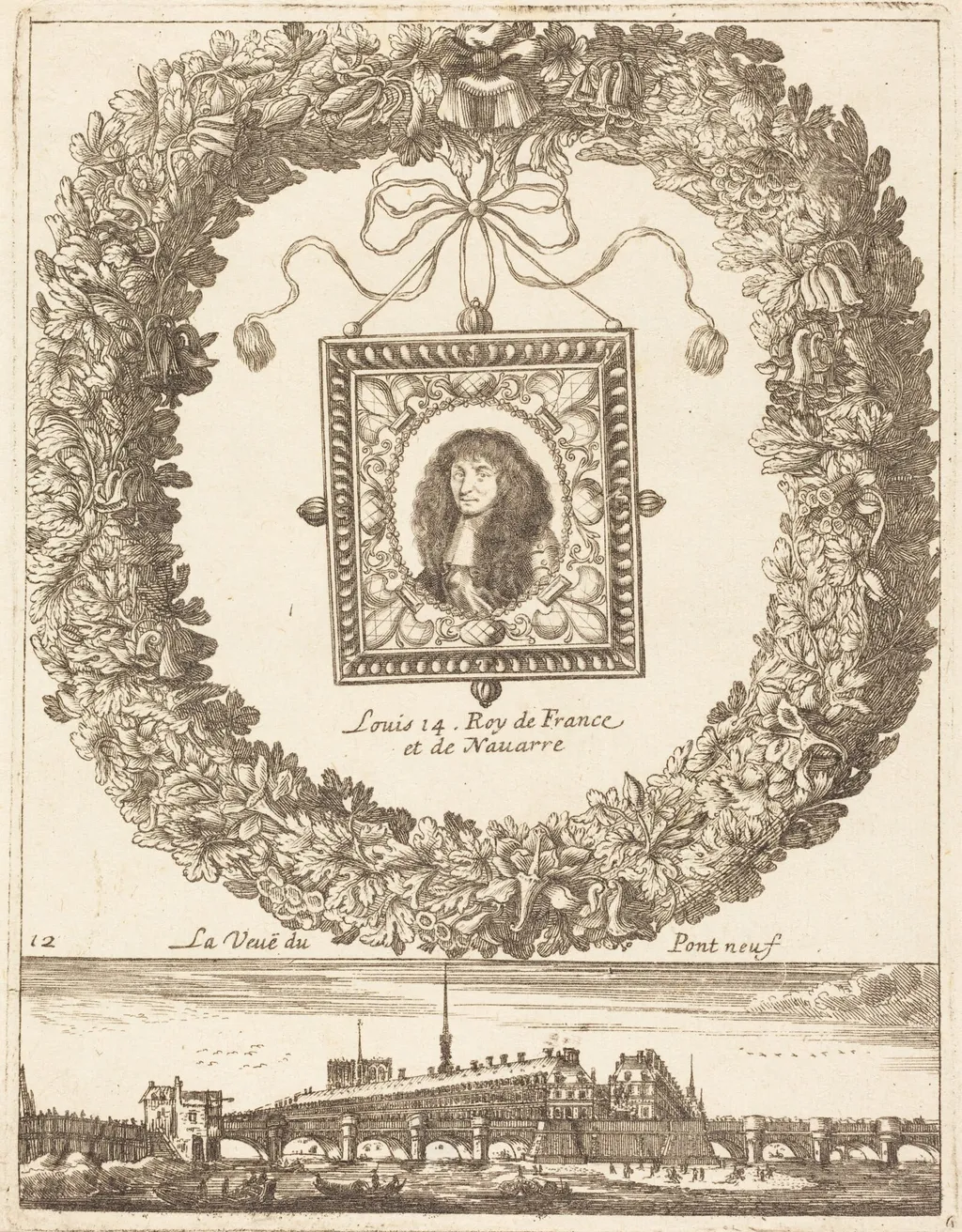 La veue du Pont Neuf; Louis XIV Roy de Franceet de Navarre, by François Le Febvre, ink, 1665