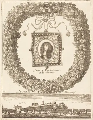 La veue du Pont Neuf; Louis XIV Roy de Franceet de Navarre, by François Le Febvre, ink, 1665
