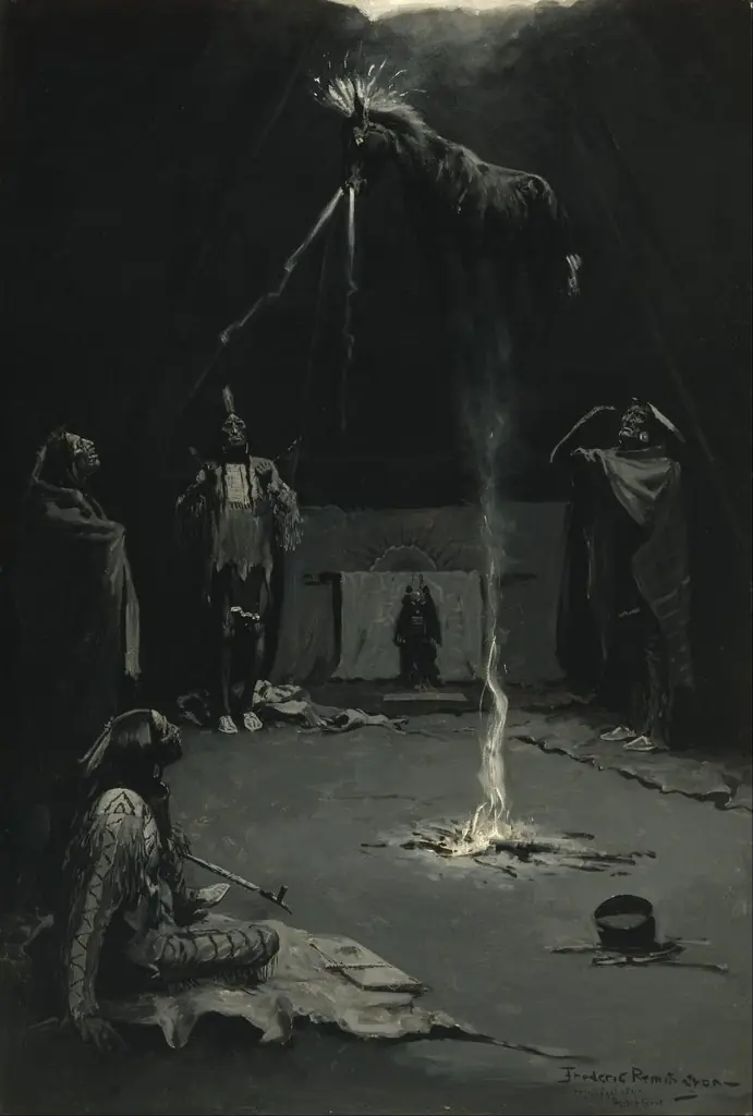 Indian Fire God (The Going of the Medicine-Horse), by Frederic Remington, oil, 1898