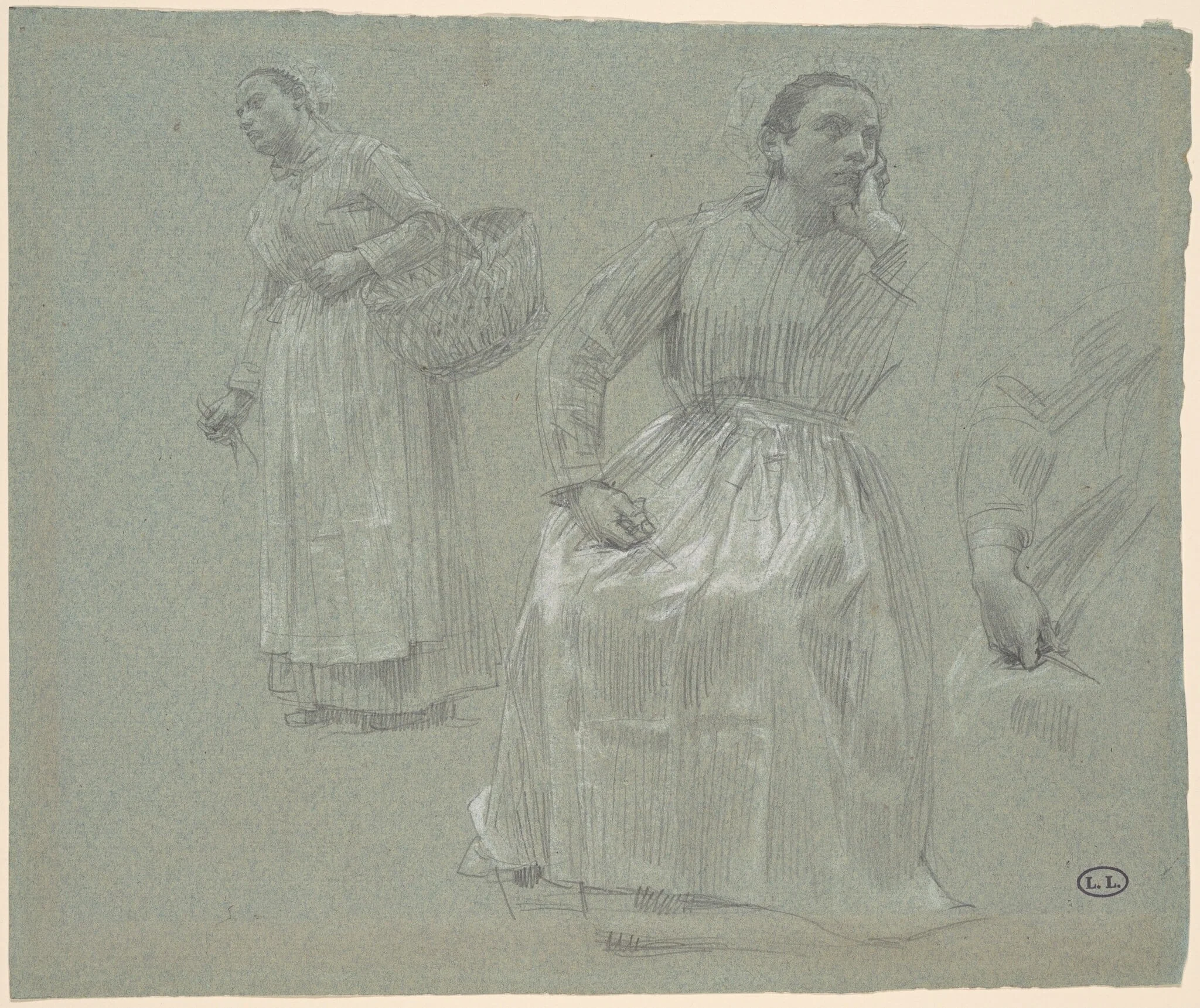 Study of Two Women, One Seated and One Holding a Basket, detail