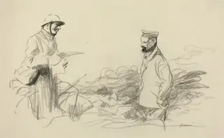 Poilu Acknowledging German Soldier, by Jean-Louis Forain, crayon, 1918