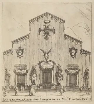 Facade of the Church of San Lorenzo, Florence, by Stefano Della Bella, ink, 1637