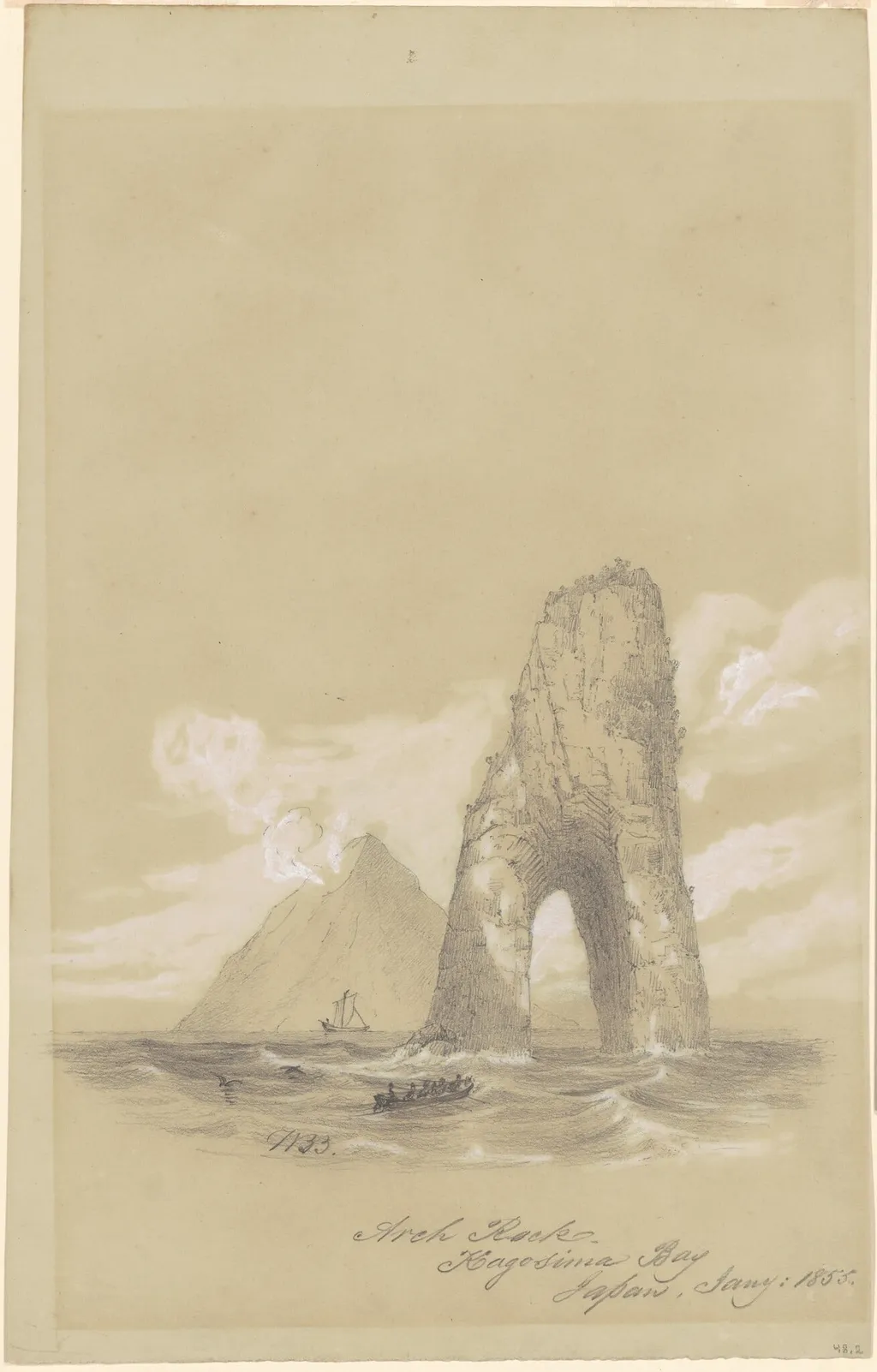 Arch Rock, Kagosima Bay, Japan, by William Brenton Boggs, gouache, 1855