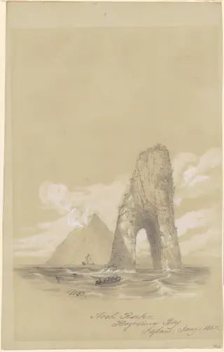 Arch Rock, Kagosima Bay, Japan, by William Brenton Boggs, gouache, 1855