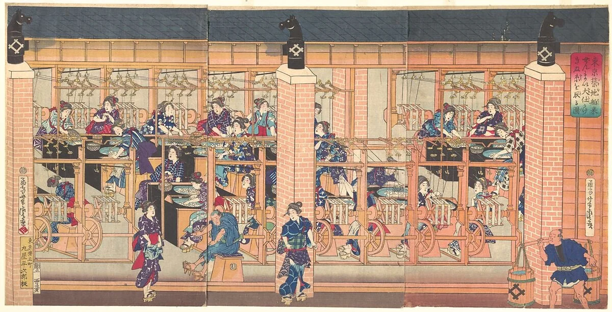 『東京築地舶来ぜんま い大仕かけきぬ糸をとる図』|Imported Silk Reeling Machine at Tsukiji in Tokyo, detail