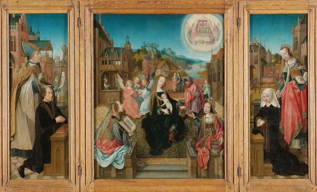 Triptych with the Virgin and Child and saints (centre panel), the donor with St Martin (inner left wing), the donor’s wife with St Cunera (inner right wing) and the Annunciation (outer wings), by Master of Delft, oil, 1500