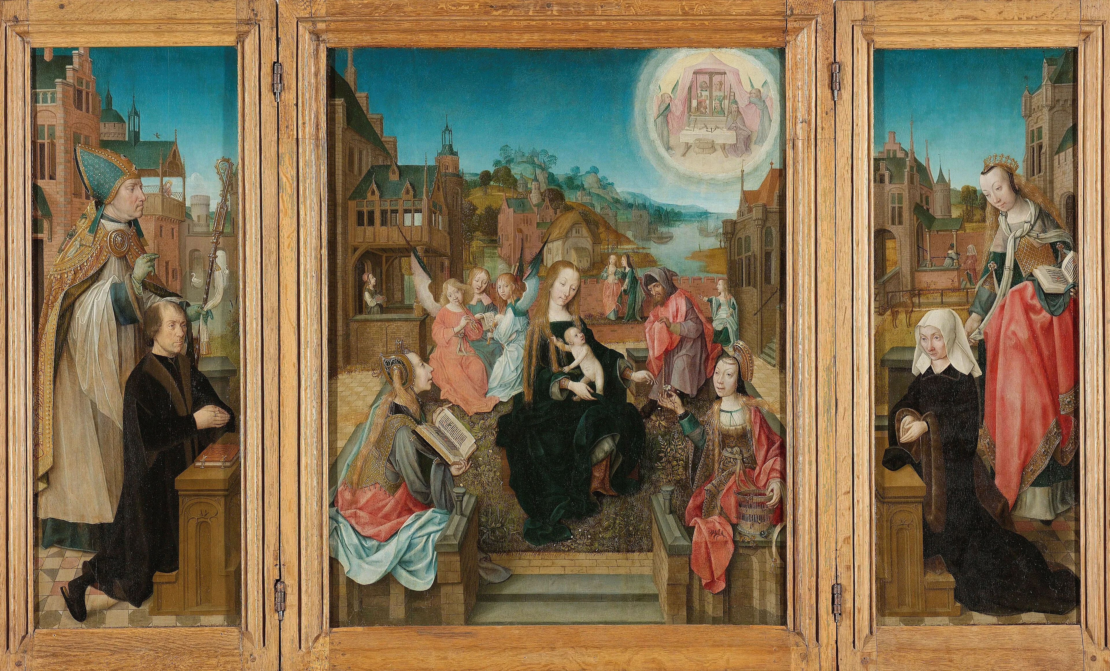 Triptych with the Virgin and Child and saints (centre panel), the donor with St Martin (inner left wing), the donor’s wife with St Cunera (inner right wing) and the Annunciation (outer wings), detail