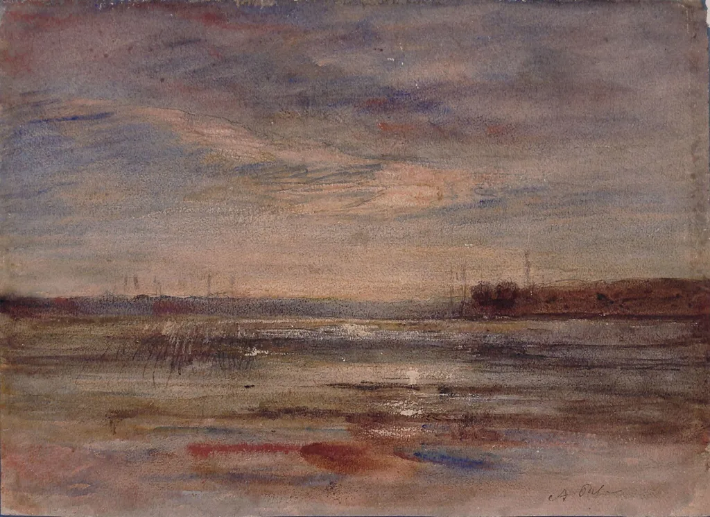 Sunset on the water, by Auguste Ravier, watercolor, 1840