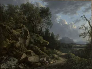 Mountain landscape with a shepherd and a shepherdess, by Jacob de Heusch, oil, 1688