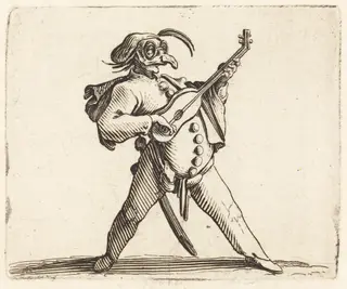 The Masked Comedian Playing a Guitar, by Jacques Callot, ink, 1622