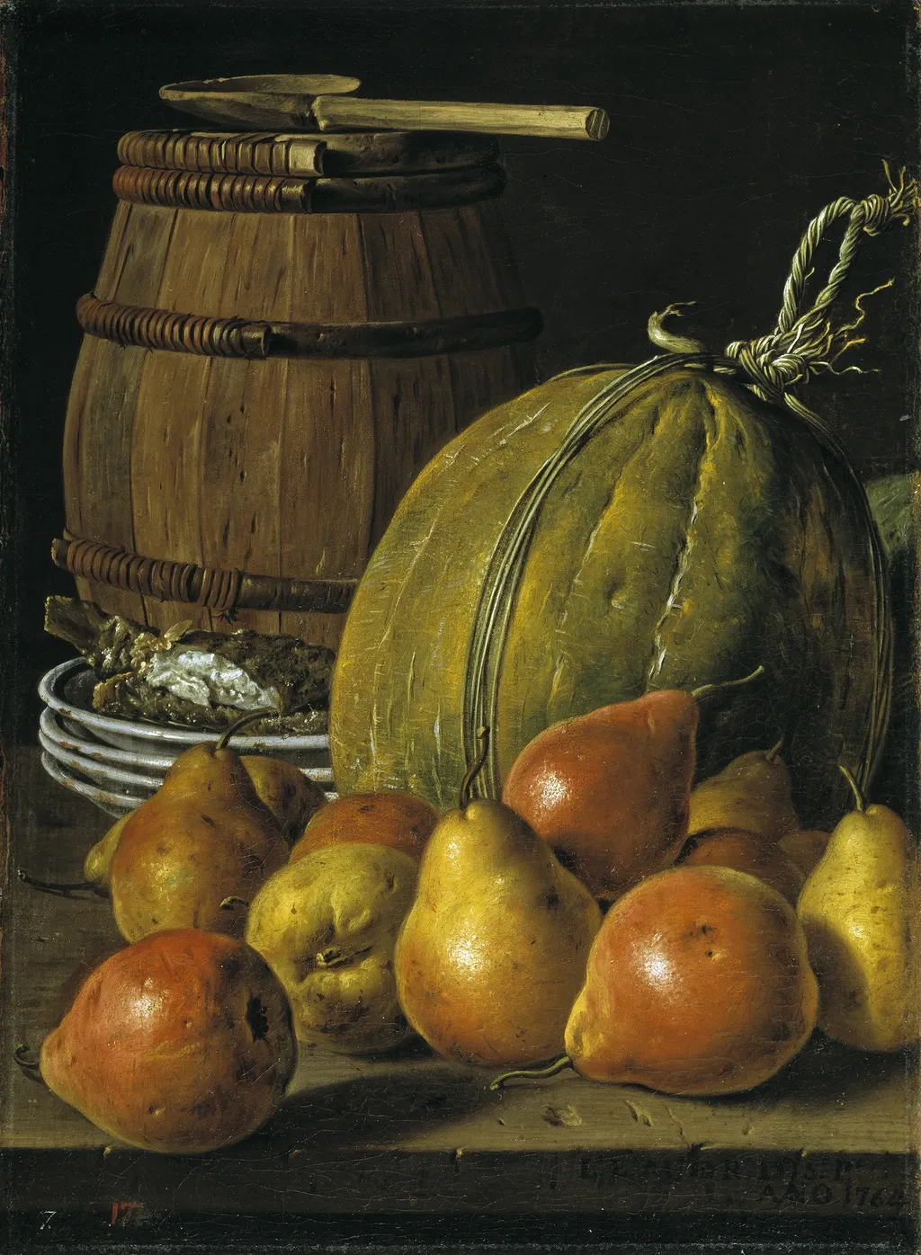 Bodegón con peras melones platos y barril, by Luis Egidio Meléndez, oil, 1764