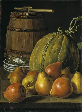 Bodegón con peras melones platos y barril, by Luis Egidio Meléndez, oil, 1764