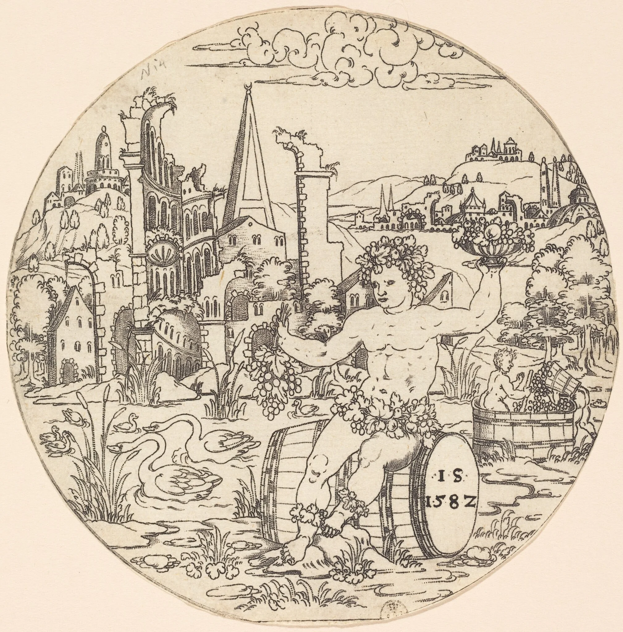 Bacchus Seated on a Barrel and Holding Grapes, detail